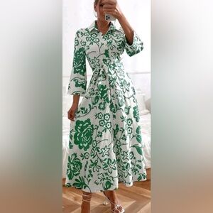Zara Poplin Cotton Belted Midi Shirt Dress Size S White Green Print 3/4 Sleeve